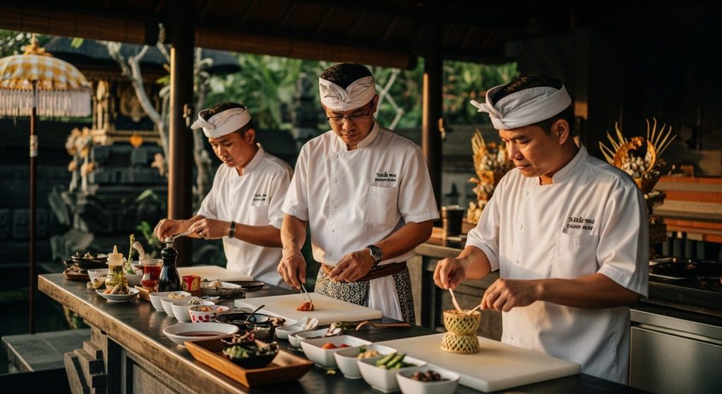 authentic Balinese cooking class, Bali — Photorealistic editorial luxury travel photo, authentic Bali, refined five-star