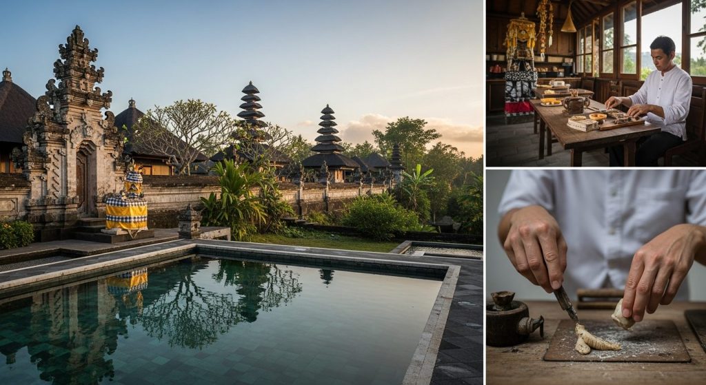 private Bali cultural experiences, Bali — Photorealistic editorial luxury travel photo, authentic Bali, refined five-sta