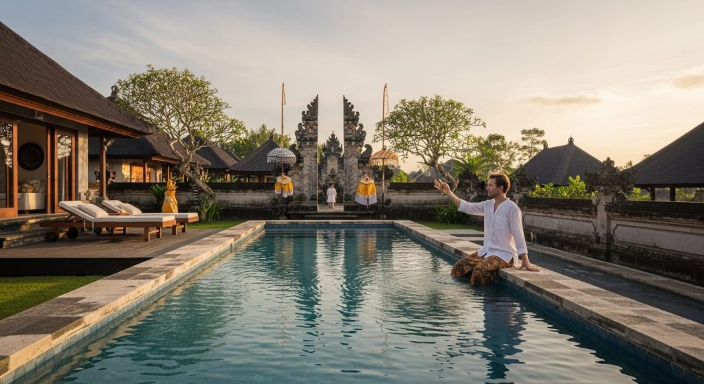 sustainable luxury Bali travel, Bali — Photorealistic editorial luxury travel photo, authentic Bali, refined five-star,