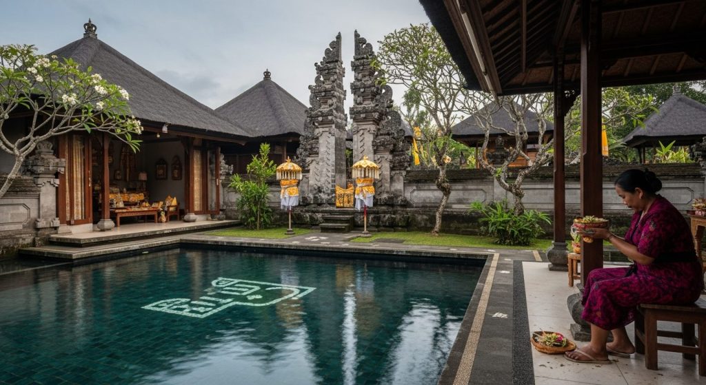 Bali temple etiquette for visitors, Bali — Photorealistic editorial luxury travel photo, authentic Bali, refined five-st