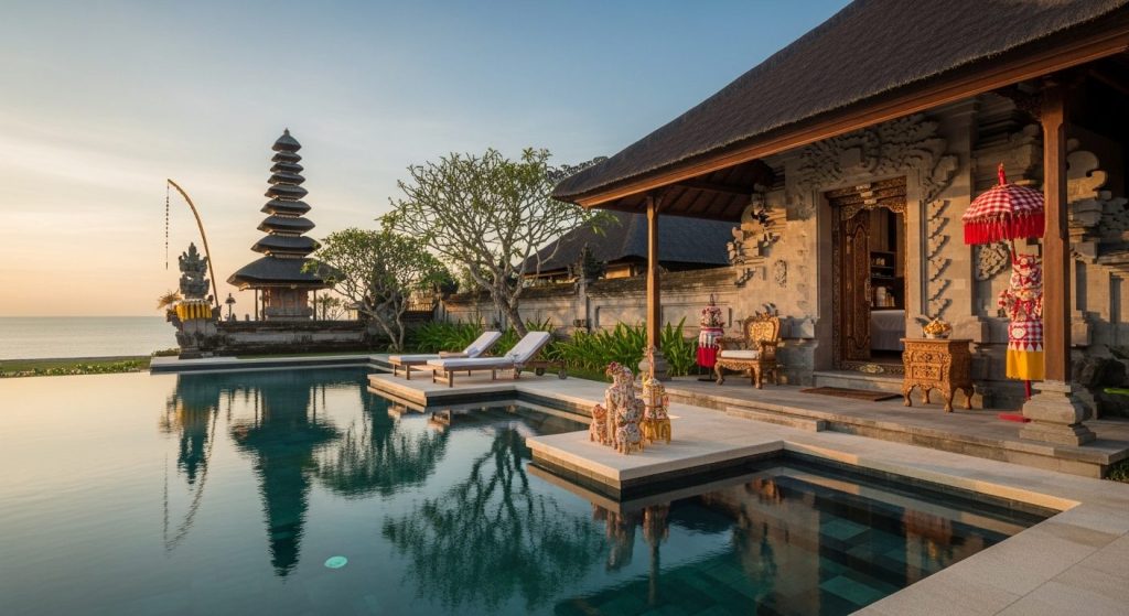 luxury Bali honeymoon private villa, Bali — Photorealistic editorial luxury travel photo, authentic Bali, refined five-s