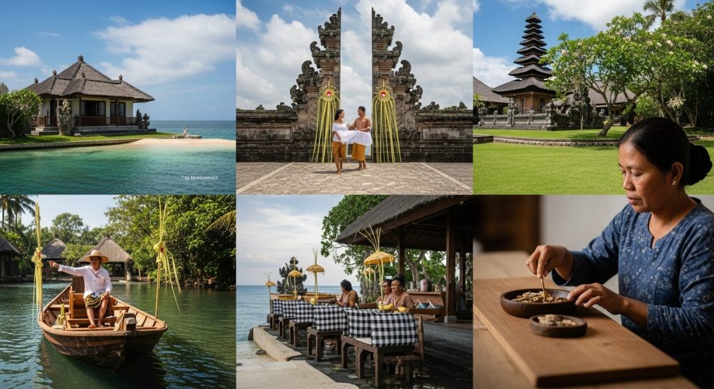 luxury Bali island hopping & adventures, Bali — Photorealistic editorial luxury travel photo, authentic Bali, refined fi