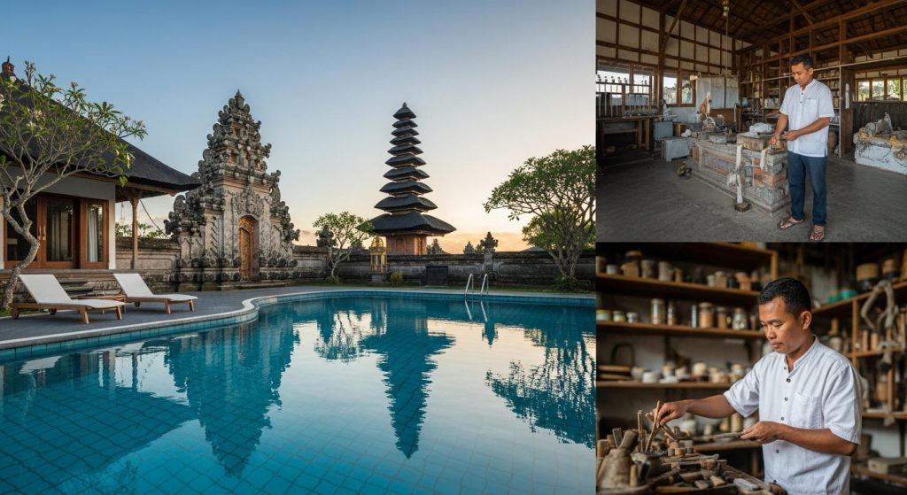 is Bali safe for luxury travelers, Bali — Photorealistic editorial luxury travel photo, authentic Bali, refined five-sta