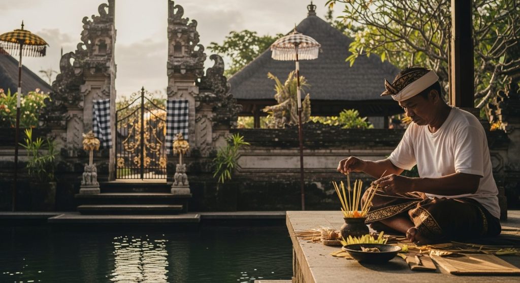 authentic Bali spiritual experiences, Bali — Photorealistic editorial luxury travel photo, authentic Bali, refined five-