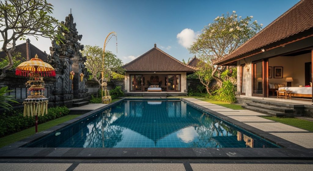 best area to stay Bali for luxury, Bali — Photorealistic editorial luxury travel photo, authentic Bali, refined five-sta