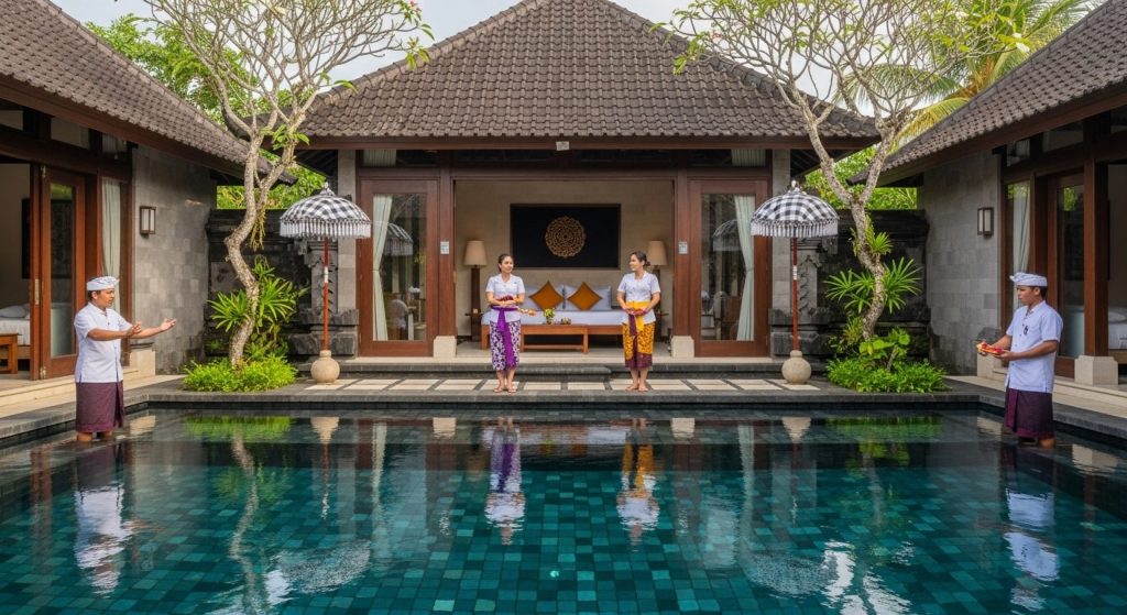 Bali luxury family & group villa with staff, Bali — Photorealistic editorial luxury travel photo, authentic Bali, refine