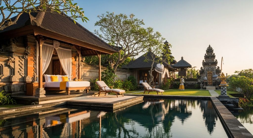 luxury Bali honeymoon private villa, Bali — Photorealistic editorial luxury travel photo, authentic Bali, refined five-s