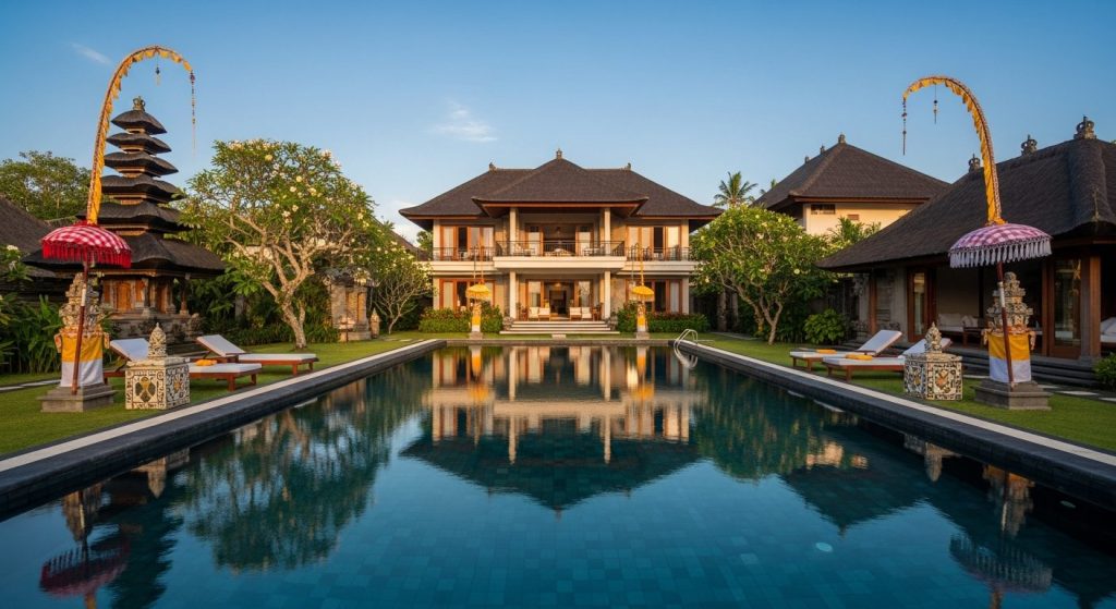 luxury private villas Bali by area, Bali — Photorealistic editorial luxury travel photo, authentic Bali, refined five-st
