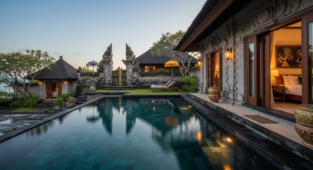 luxury Bali private villa stays, Bali — Photorealistic editorial luxury travel photo, authentic Bali, refined five-star,