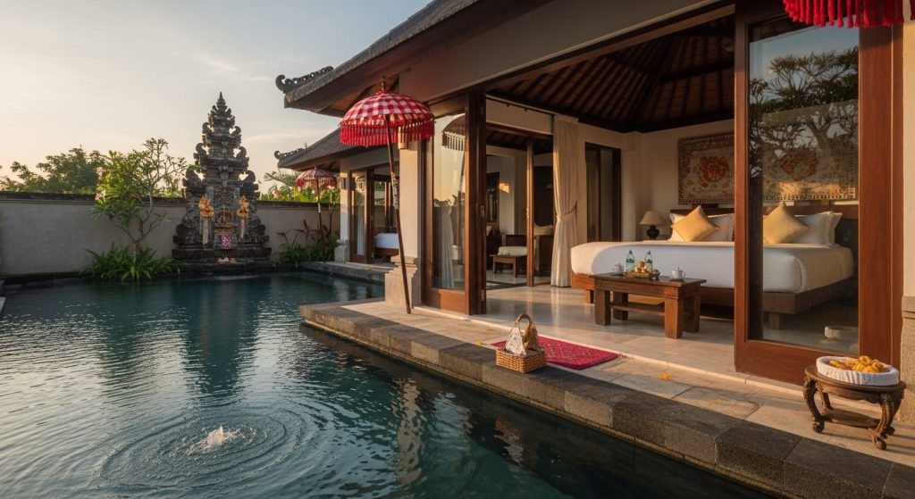 luxury Bali wellness retreat villa, Bali — Photorealistic editorial luxury travel photo, authentic Bali, refined five-st